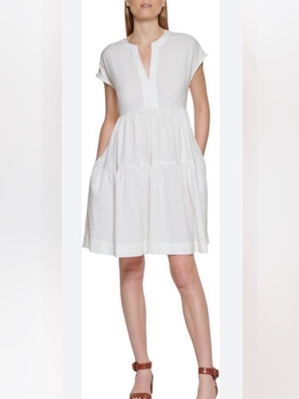 Calvin Klein White Tiered Flutter Sleeve Midi Dress V-Neck Size 4
